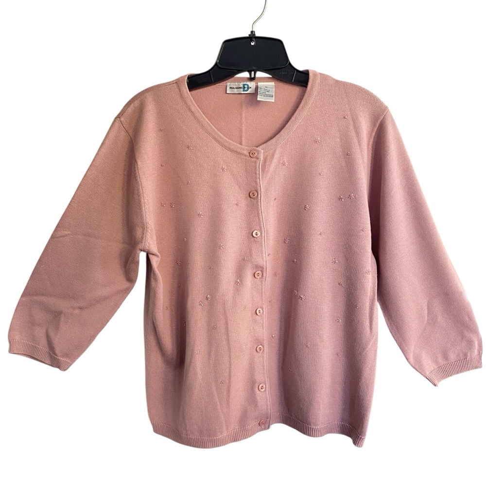 PAUL HARRIS DESIGNS Cardigan Dusty Pink 3/4 Sleeves Sparkly Beads Button LARGE